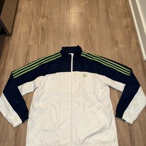 Adidas White and Navy Jacket with Green Stripes